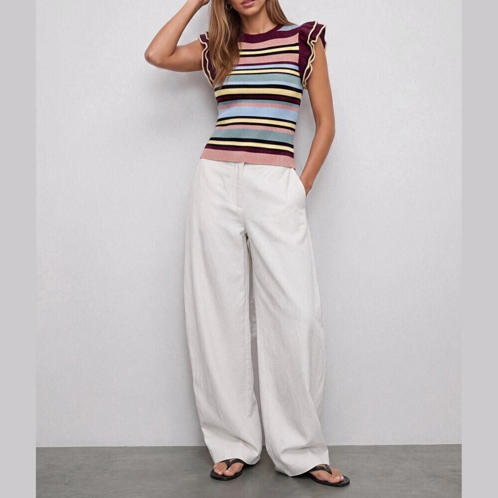 Multicolor Striped Ribbed Knit Ruffle Sleeve Top - Picture 8 of 9